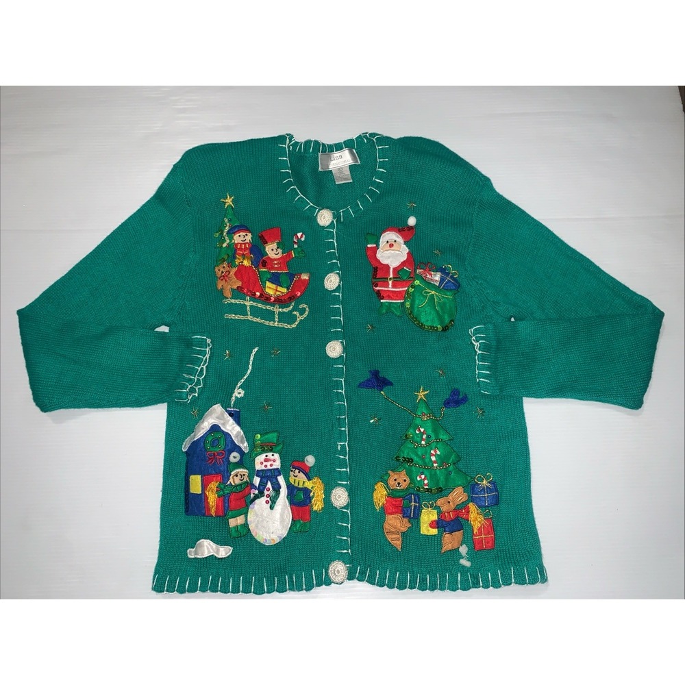 Vintage Lisa International Holiday Christmas Knit Cardigan Sweater Green Large